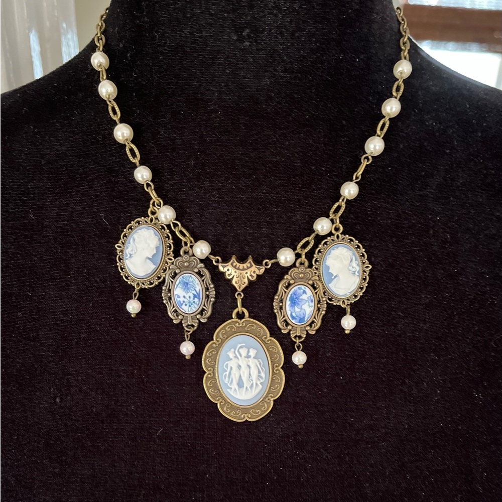 Vintage Cameo Wedgewood Blue Style Choker Three Fates Necklace